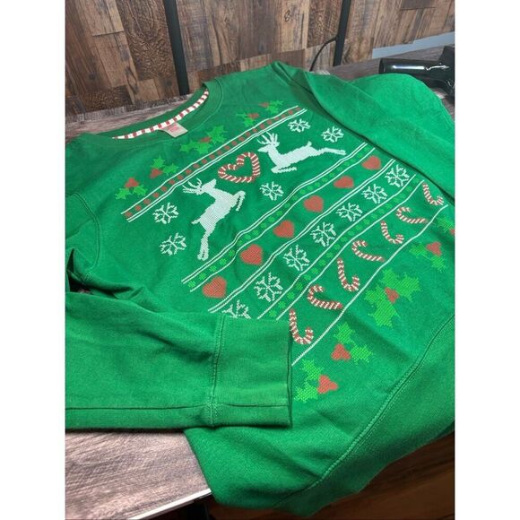 Holiday Time Tops - Holiday Time Ugly Christmas Sweatshirt – Green Reindeer Candy Cane Heart – Size